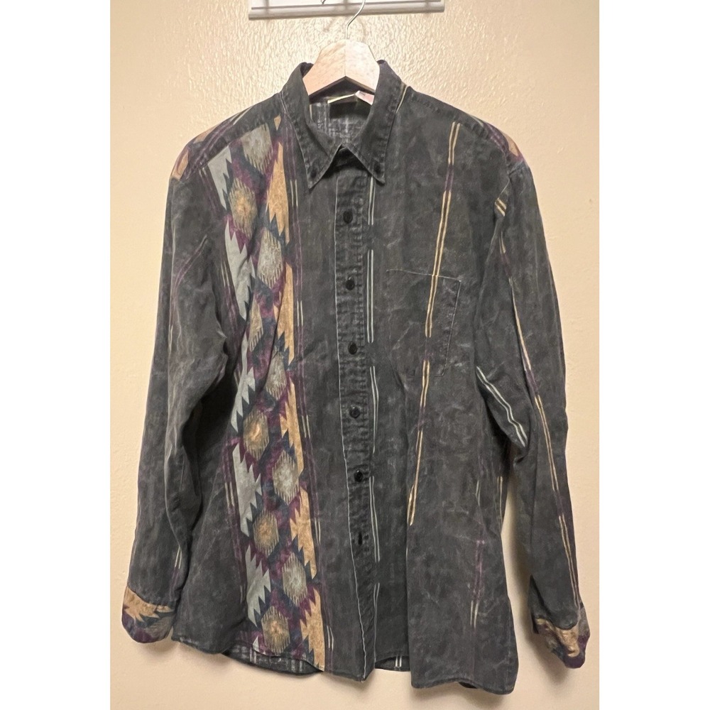 Vtg Western Frontier Southwest Cowboy Gray Button Up LS Shirt Mens L Made In USA